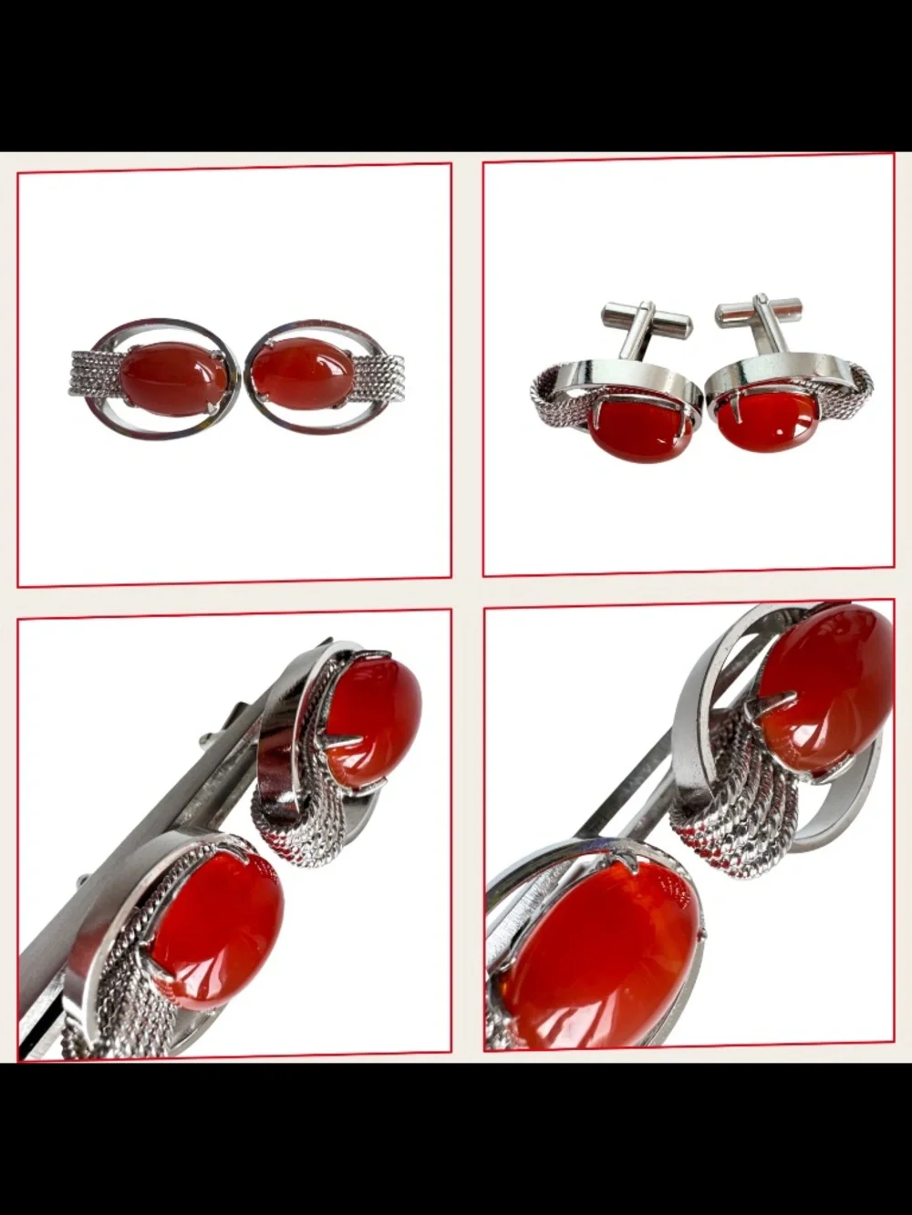 Vintage Red Oval Cufflinks Lot 5 Pairs Cabochon Mens Formal Jewelry Groom Gift